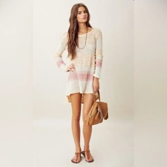 Free People Striped Distressed Knit Mini Dress | Coastal Grandmother Grunge Boho - Picture 2 of 16